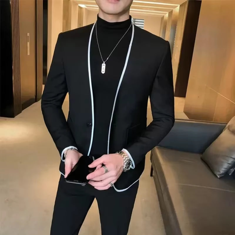 Fusion Elegant Black Gentlemen Men'S Suits Slim Fit Casual Prom Party 2 Piece Jacket Pants Full Set