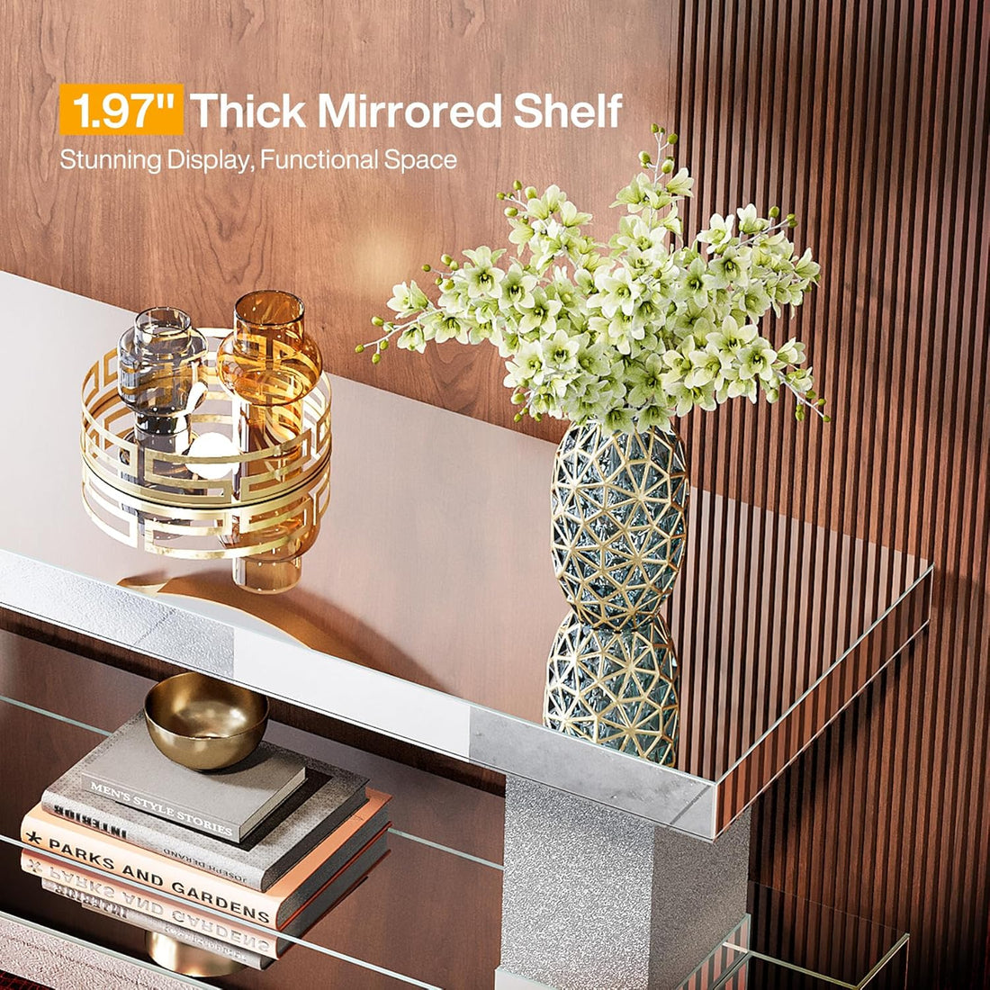 Mirrored Table, 46" Silver Entryway Table with 3-Tier Storage 