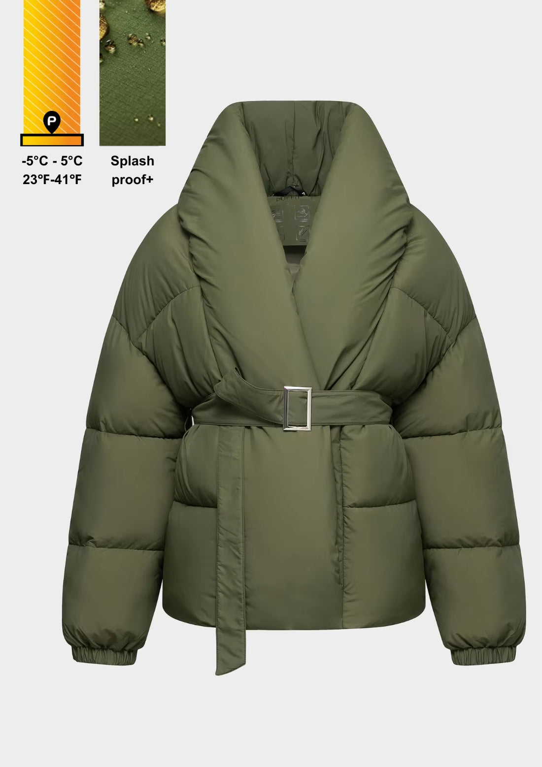 Women Puffer Jacket Mid Length Belted Magnet Button Puffer Coat Splashproof Winter Water Repellent Windproof Stain-Resistant