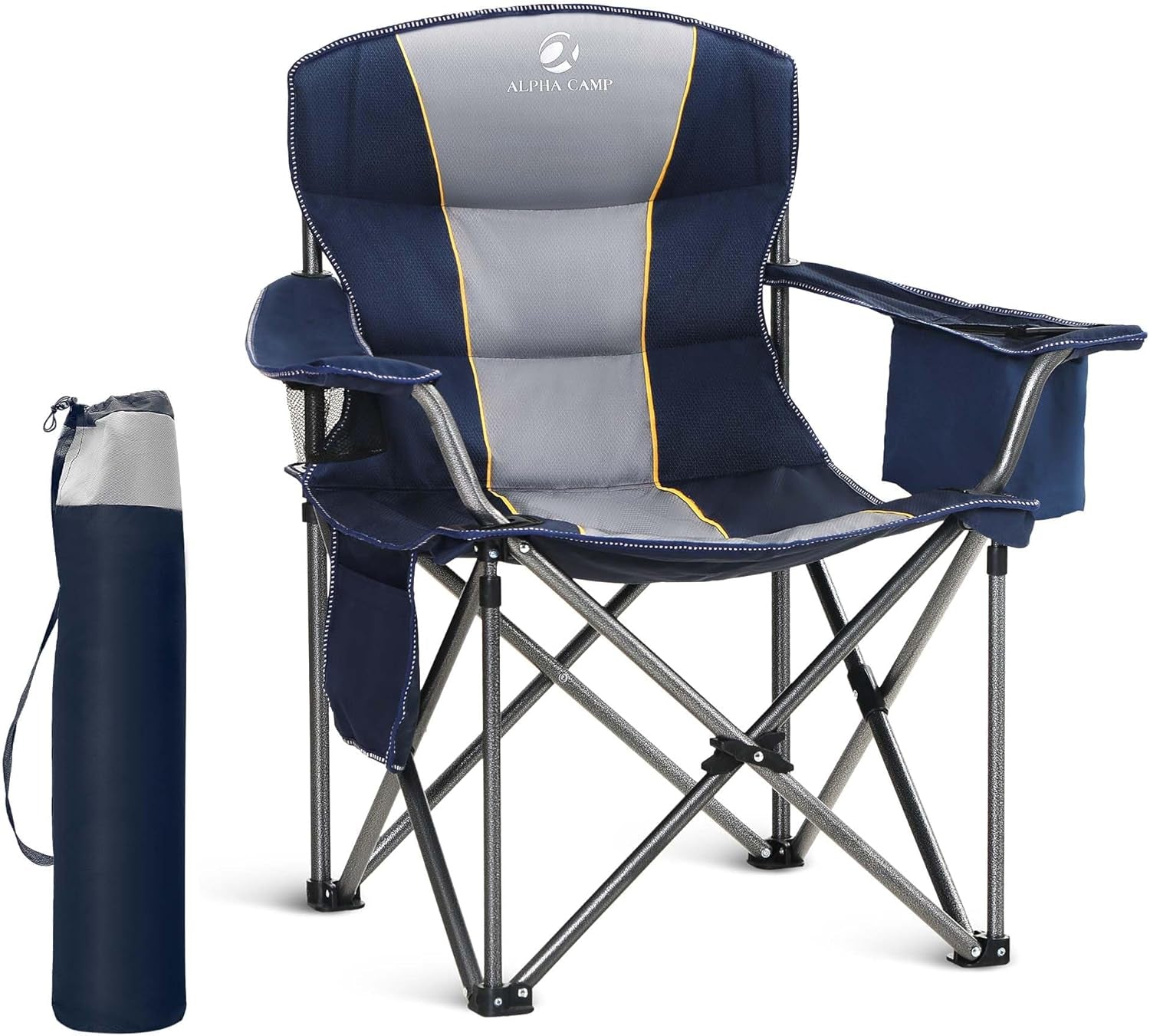 Folding Camping Chair Oversized Heavy Duty Padded Outdoor Chair with Cup Holder Storage and Cooler Bag, 450 LBS Weight Capacity, Thicken 600D Oxford,2 Pack