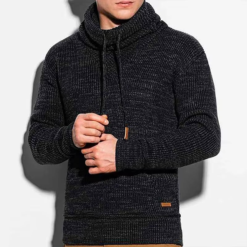 Men'S Winter Knit Heaps Collar Sweater Luxury Long Sleeve Solid Color Knitwear Retro Leisure Drawstring Kangaroo Pocket Pullover