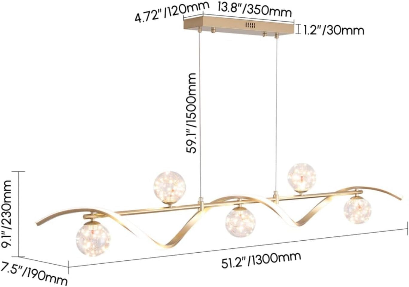 Kitchen Island Light with Glass Globes, 51.2" Gold Chandelier Pendant 