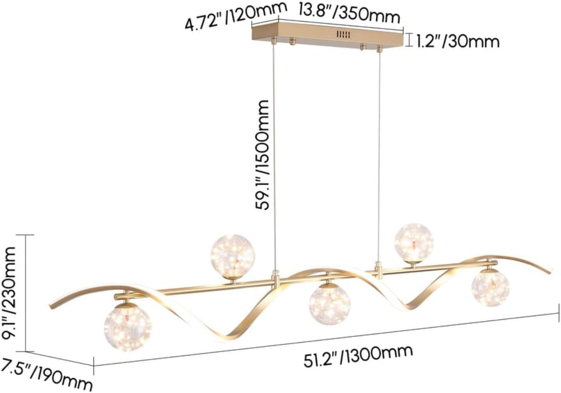 Kitchen Island Light with Glass Globes, 51.2" Gold Chandelier Pendant 