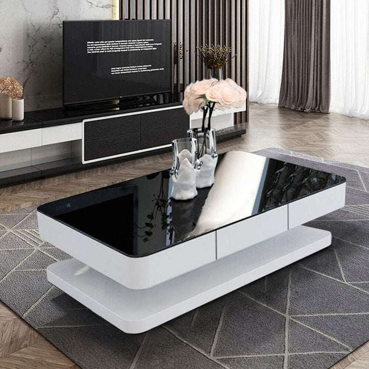 Modern Luxury 2 Drawers Coffee Table for Living Room High Gloss Coffee Table with Black Glass Top Wood Storage Cabinet Table for Living Room Home Office, Black