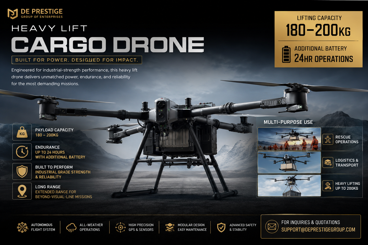 Promotional graphic for the De Prestige Heavy Lift Cargo Drone, showing a large quadcopter drone hovering over a dark mountainous landscape. The image includes text highlighting its 180-200kg lifting capacity, 24-hour battery life, payload capacity, and multi-purpose use in rescue, logistics, and transport.
