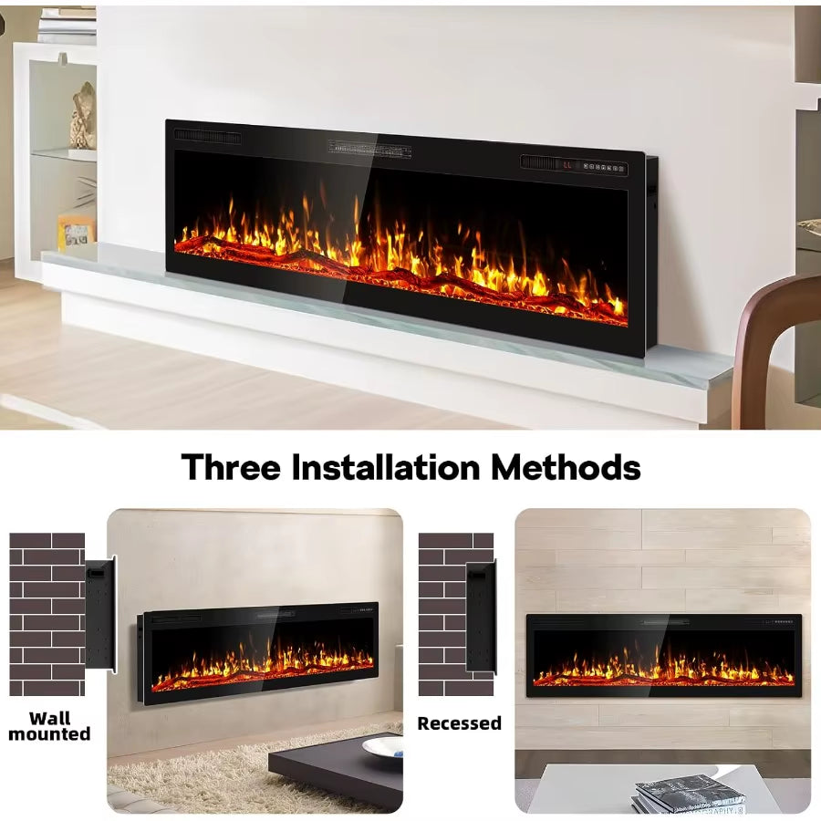 Modern 60' Electric Fireplace Wall Mounted HD Flame Effect