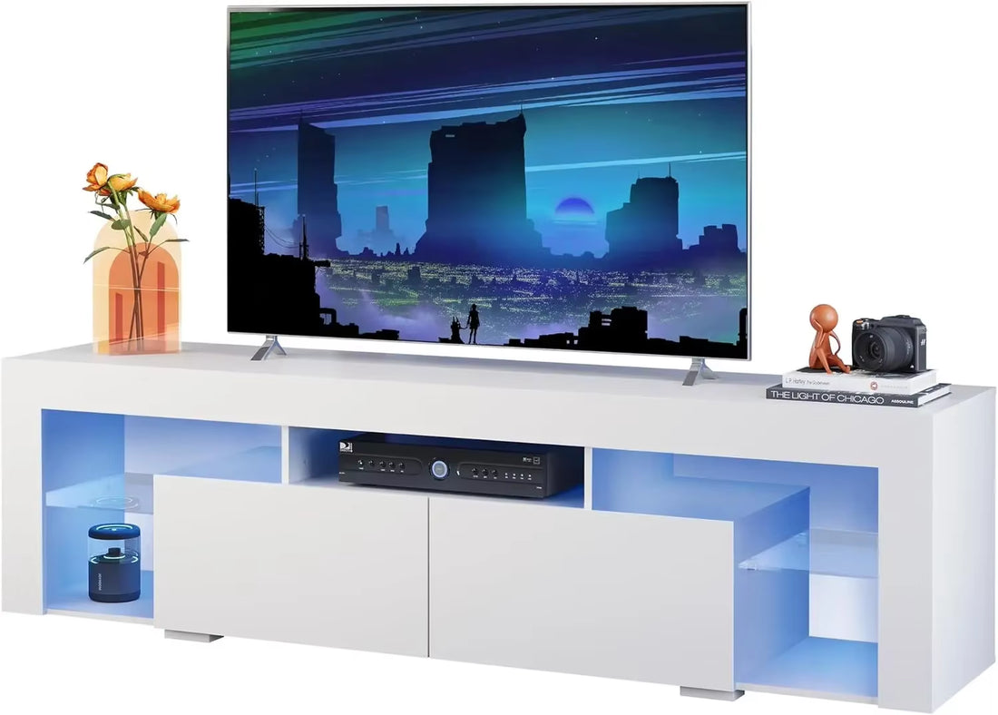 LED TV Stand, Modern Entertainment Center with Open Shelves, with 2 Bedroom Storage Drawers, Wooden TV Cabinet