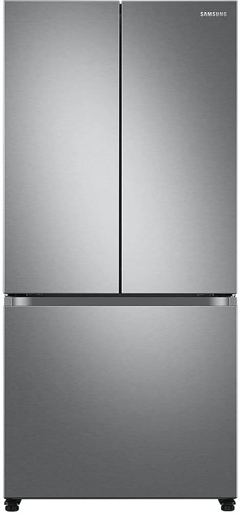 Samsung refrigerator with a metallic finish on a white background