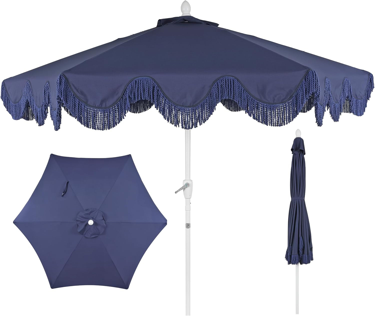 UMB1001 Collins 9 Ft. Classic Cottage Tassel Market Patio Umbrella with Auto-Tilt, Crank, Wind Vent and UV Protection