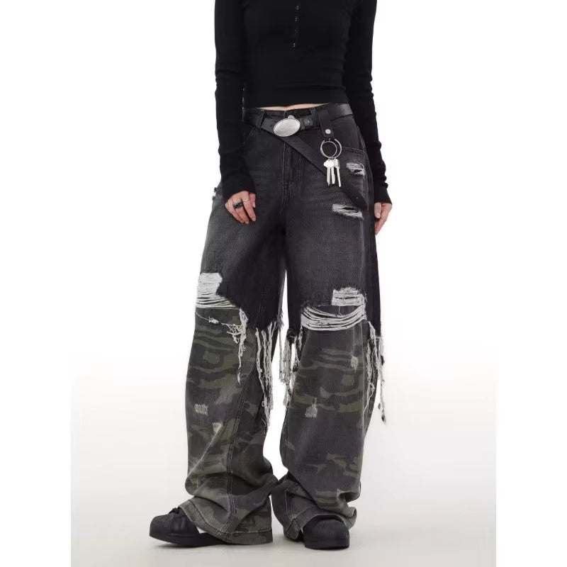 Mens Street Fashion Camouflage Patchwork Jeans