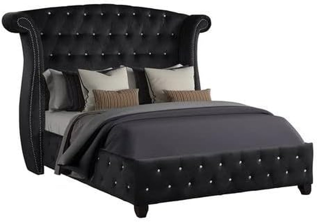 Luxury Bed Frame - Velvet Upholstered Platform Bed with Rolled Headboard 