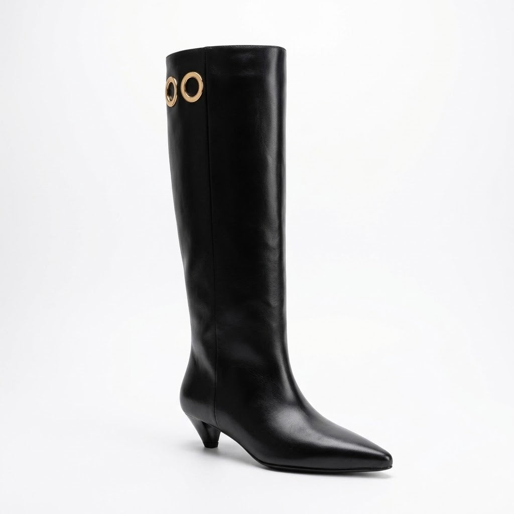 Luxury Women's Genuine Leather Knee High Boots – Pointed Toe, 4cm Kitten Heel