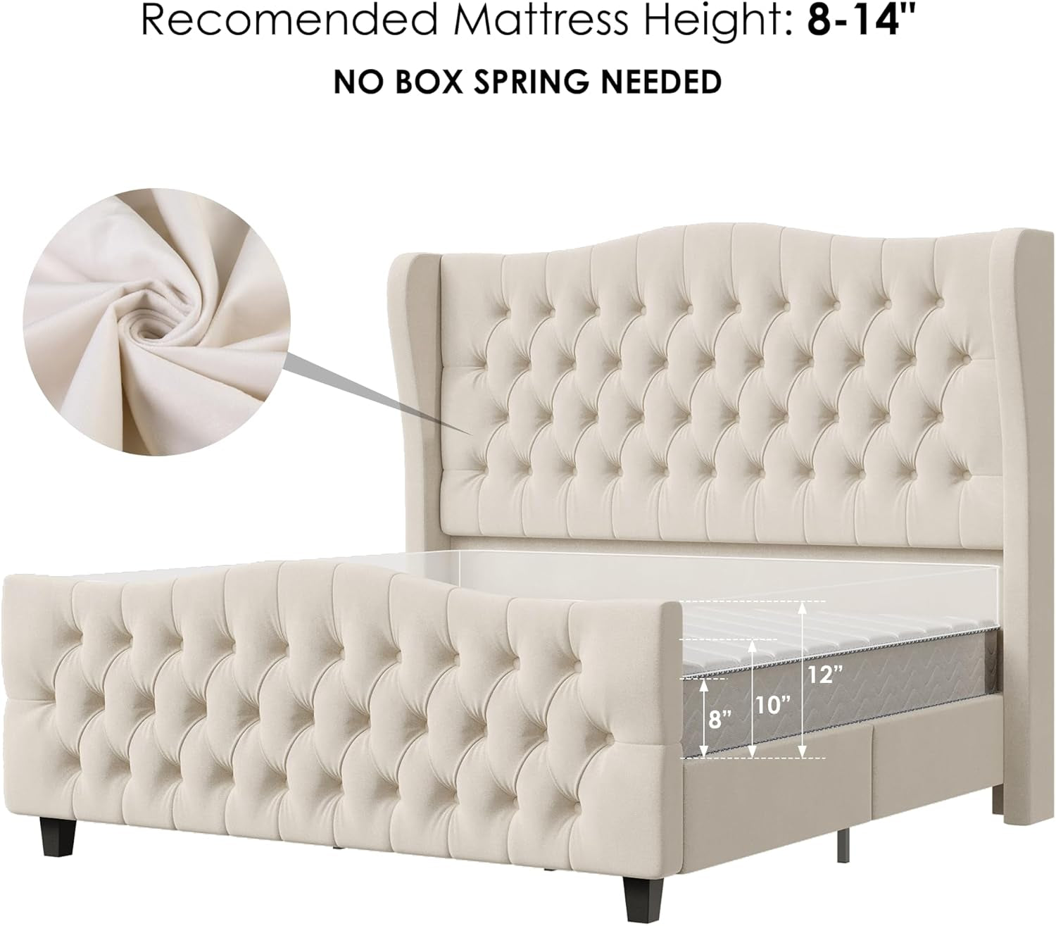 Queen Size 54.3” Tall Platform Bed Frame with Deep Tufted Style
