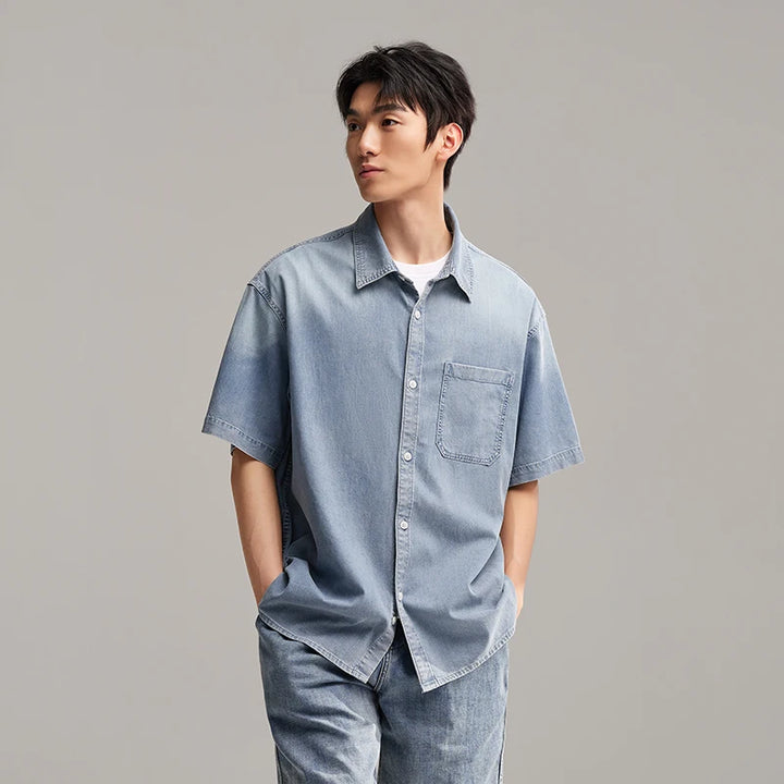 New Summer Vintage Denim Short Sleeve Mens Shirt
