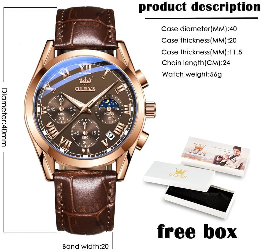 Mens Chronograph Brown Leather Watch Waterprood