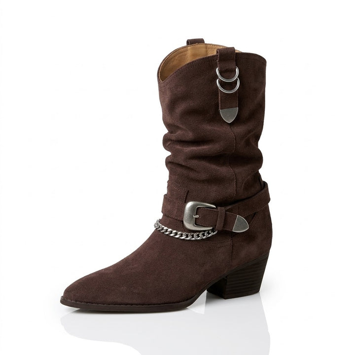 Women's Brown Suede Equestrian Riding Boots – Mid-Calf Chunky Heel with Buckle Detail