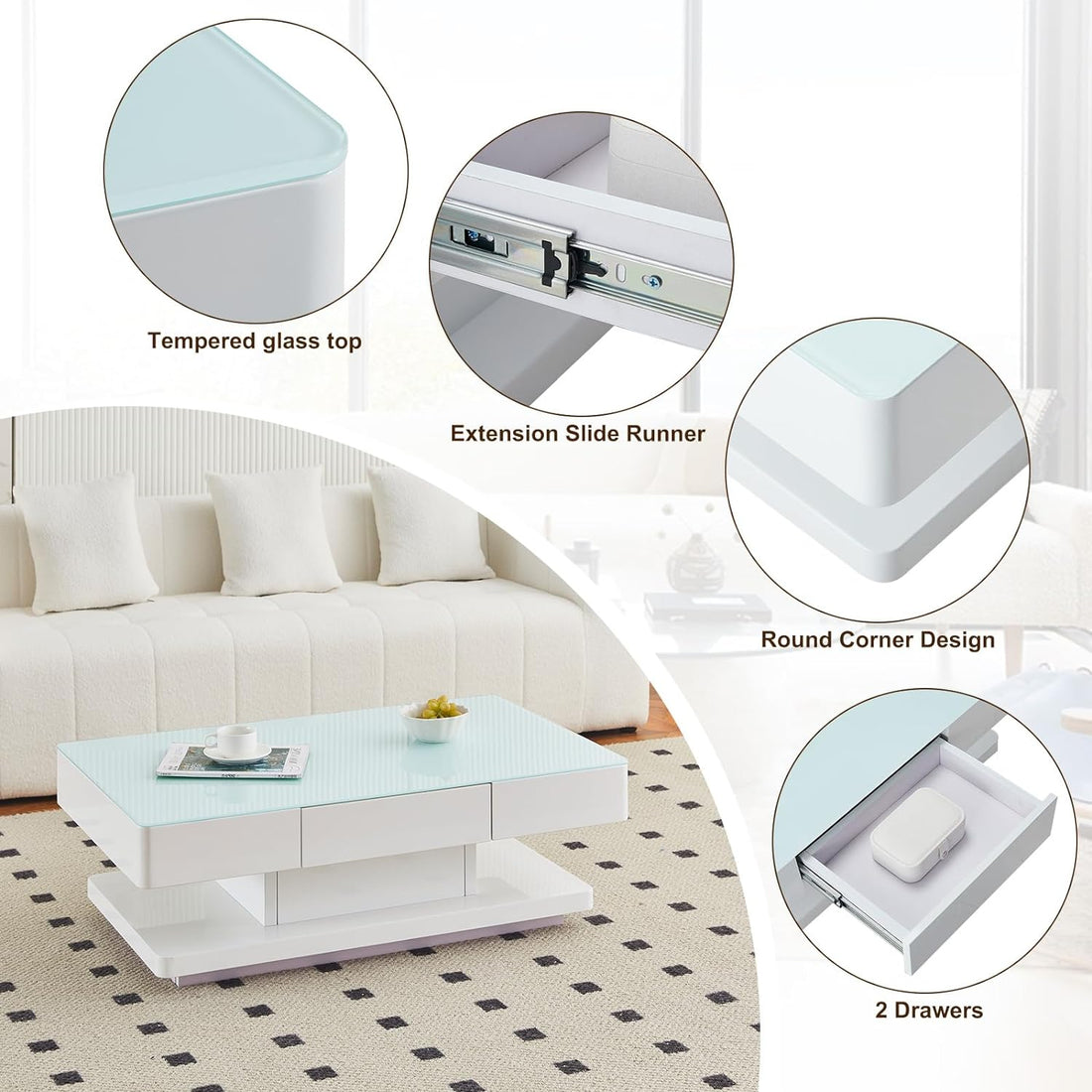 Urban Oasis White High Gloss Wood Storage Coffee Table for Living Room Home Office