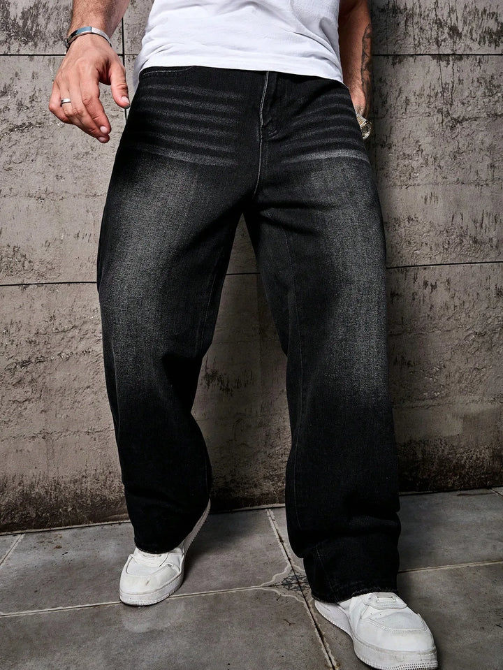 Men’s Vintage Black Washed Distressed Wide-Leg Jeans