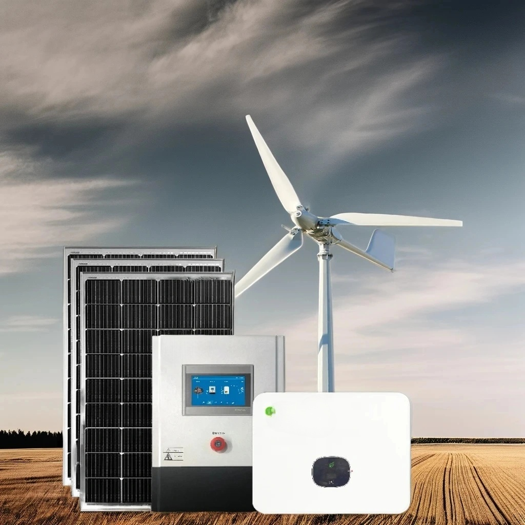 Solar panel, wind turbine, and battery pack against a cloudy sky.