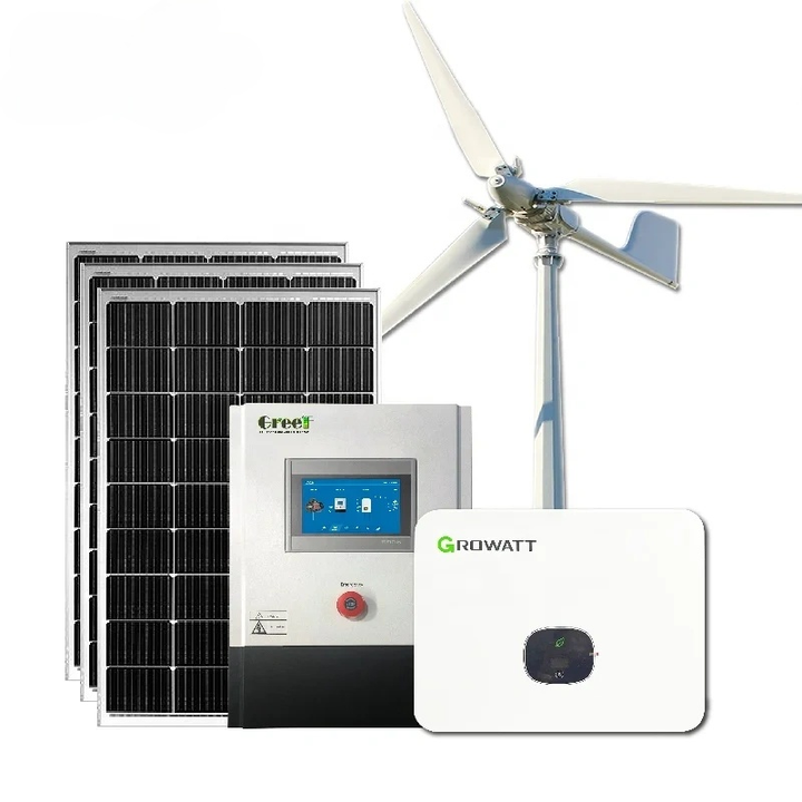 Solar panel, inverter, and wind turbine with Growatt branding on a white background
