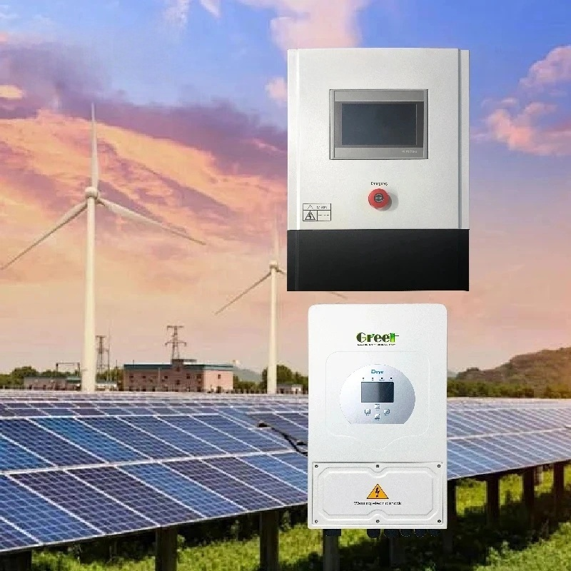 Solar panels with green energy equipment against a wind farm backdrop