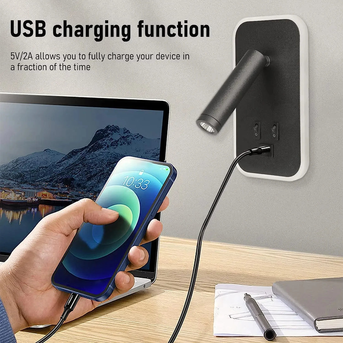 Bedside Wall Lamp LED Wall Light Wall Mounted Reading Light with Switch and USB Port Rotatable Wall Sconce Wall Spotlight Decor