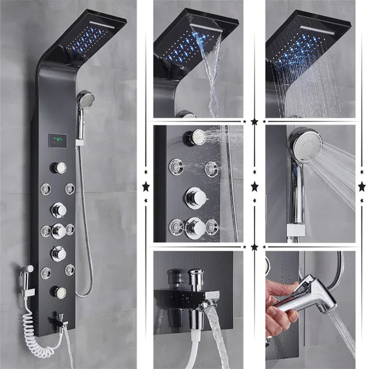 Luxury Black/Brushed Bathroom Shower Faucet LED Rainfall Shower Panel System Bathtub Mixer Tap Massage Spa Temperature Screen