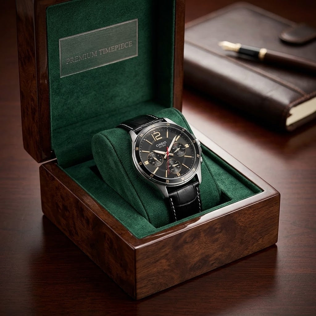 Men's Luxury Multifunction Quartz Watch – Black Genuine Leather Dress Mens Watch