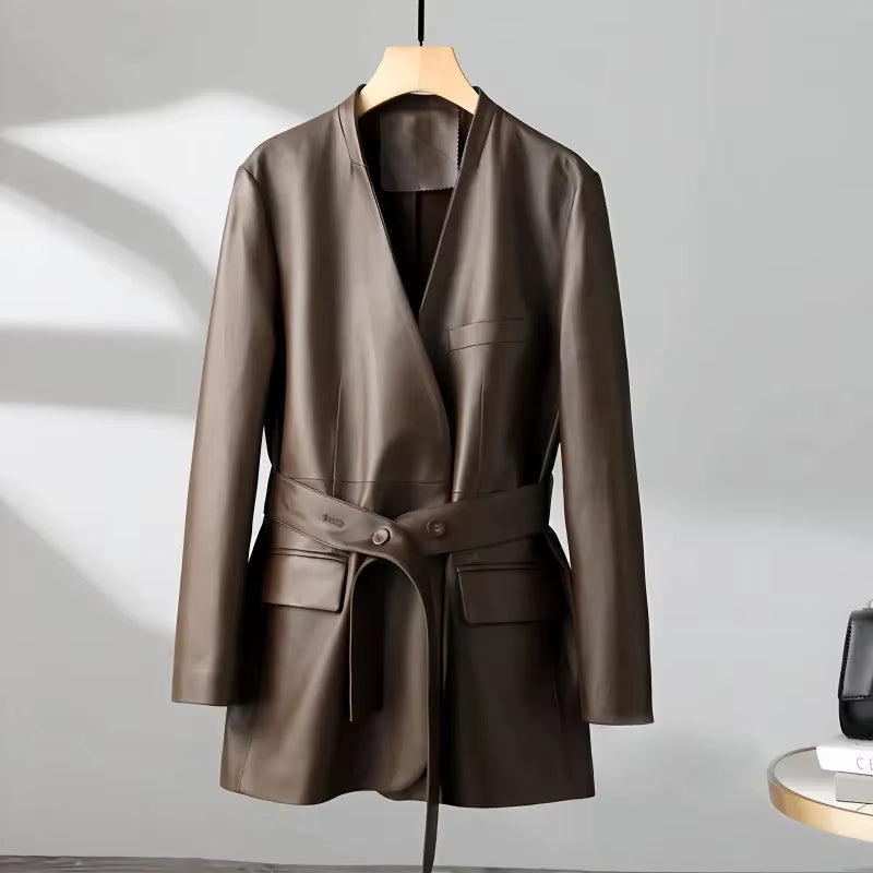 New Women Leather Jackets V-Neck Belt Design