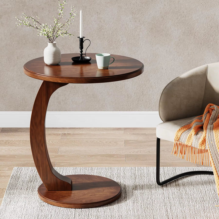 Round End Wood C-Shaped Side Table Modern Home