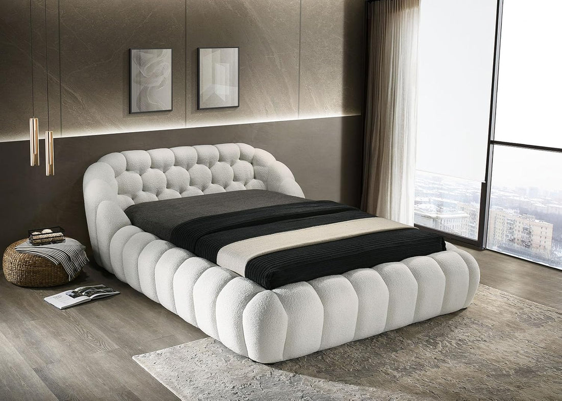 Modern Chenille Luxury Bed Frame Curved Shaped king Size Bed