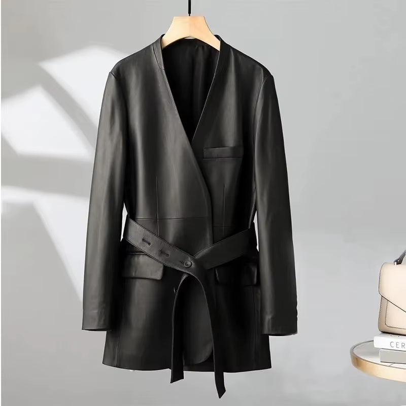New Women Leather Jackets V-Neck Belt Design