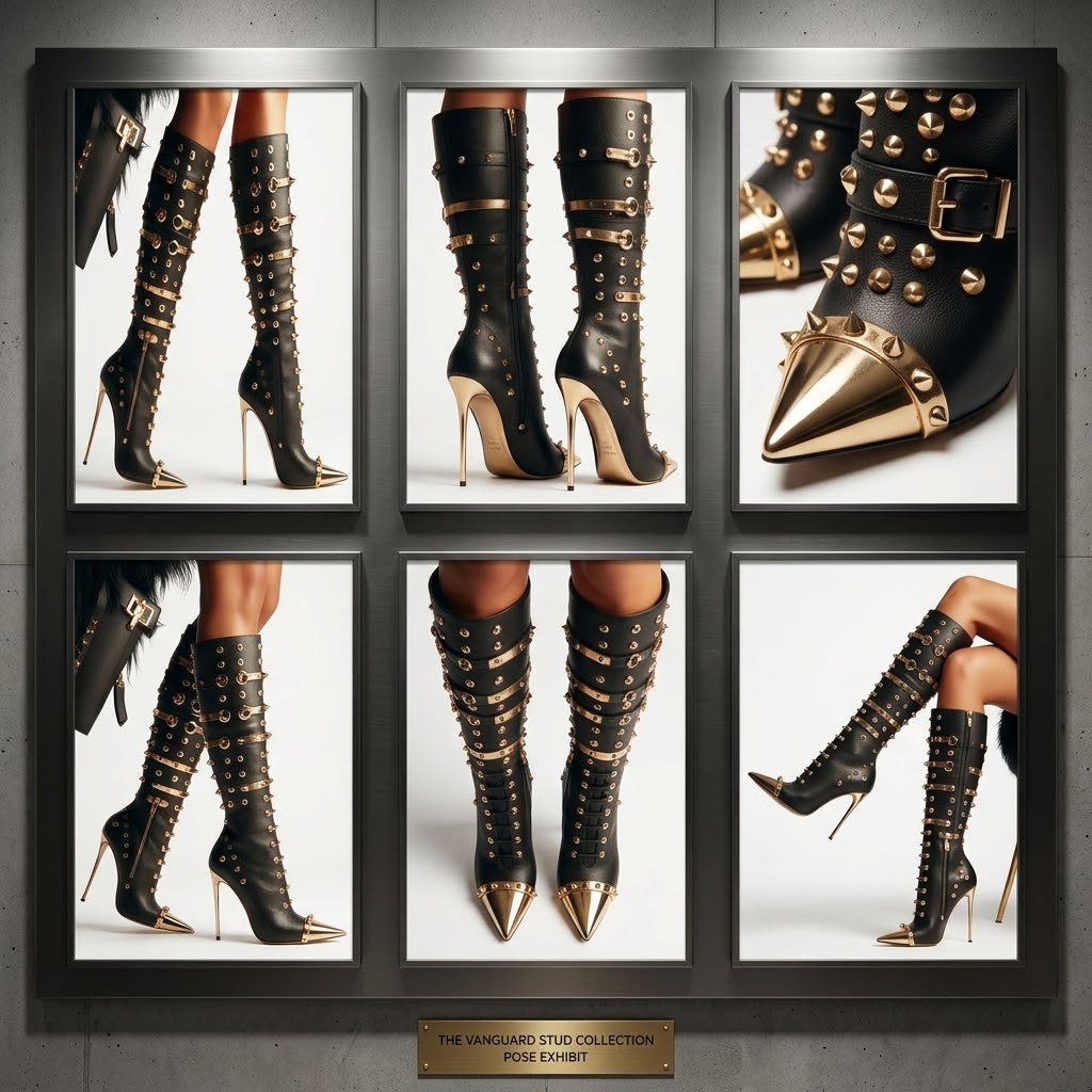 Women’s Black Knee-High Stiletto Boots with Metallic Rivets