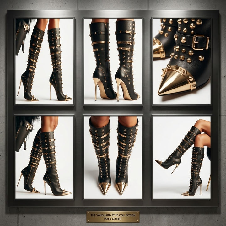 Women’s Black Knee-High Stiletto Boots with Metallic Rivets