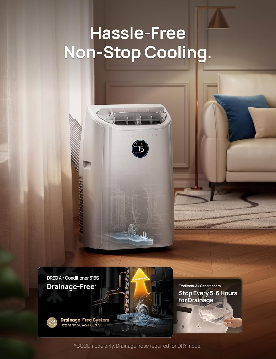 Portable Air Conditioner 515S, 12000 BTU ASHRAE (8000 BTU DOE) Smart AC Unit for Bedroom with Drainage-Free Cooling, Fan&Dehumidifier 3 in 1, App/Voice/Remote, Quiet Standing AC for Room Indoors