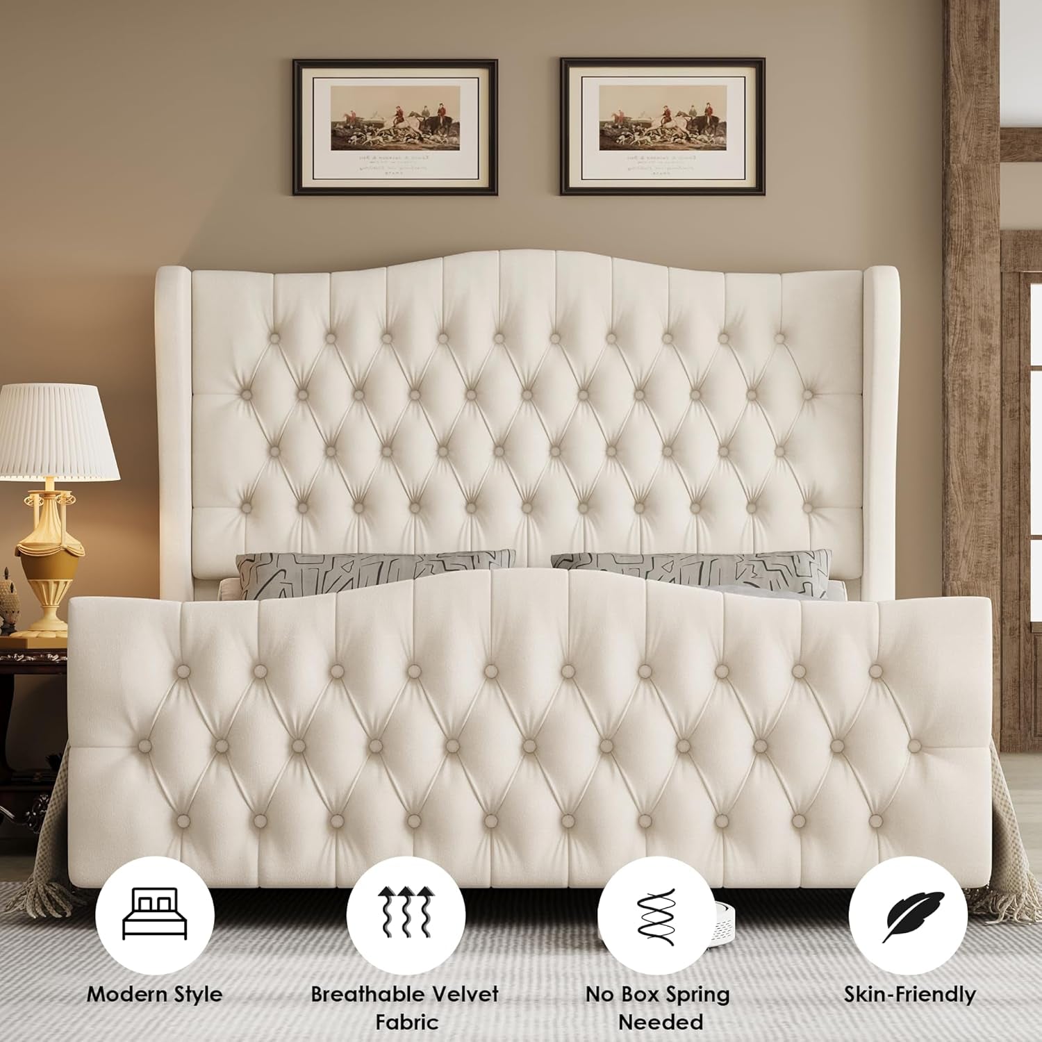 Queen Size 54.3” Tall Platform Bed Frame with Deep Tufted Style