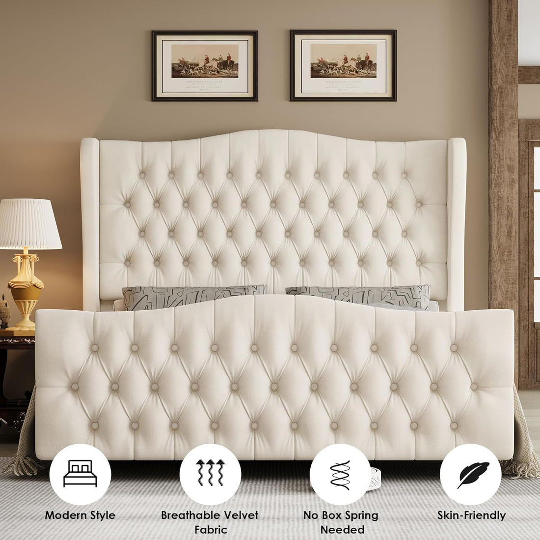 Queen Size 54.3” Tall Platform Bed Frame with Deep Tufted Style