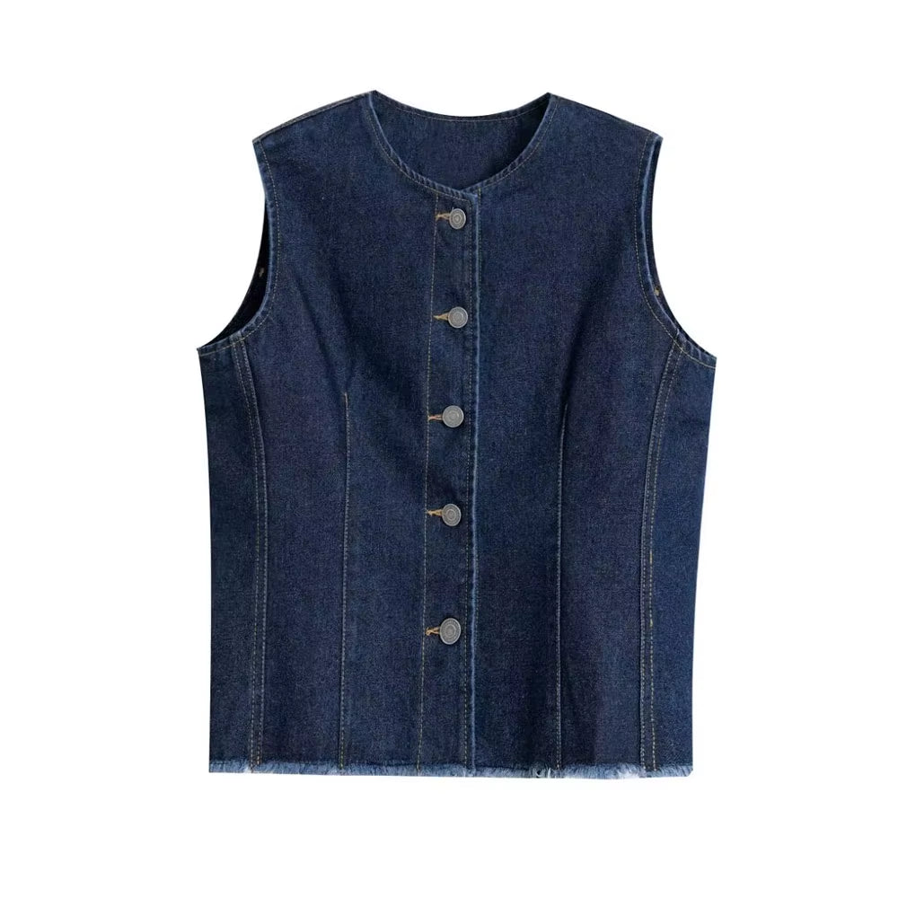 -Women'S Front Button Frayed Trims Denim Waistcoat, O Neck, Sleeveless Vest, Female Outerwear, Chic Tops, Fashion