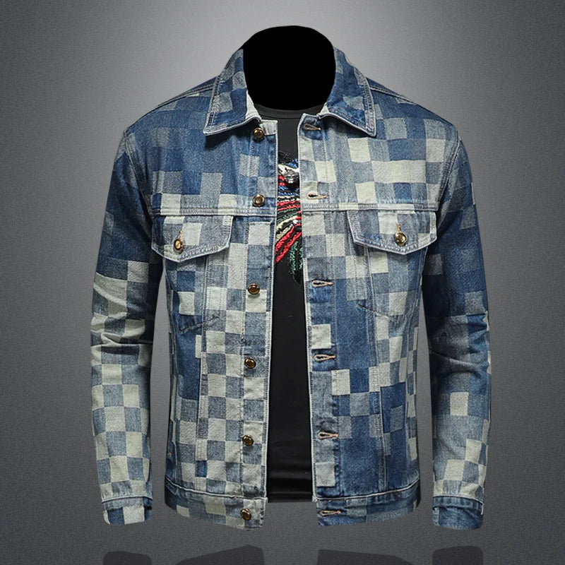 Men’s Vintage Checkered Denim Jacket – Flip Collar Casual Streetwear