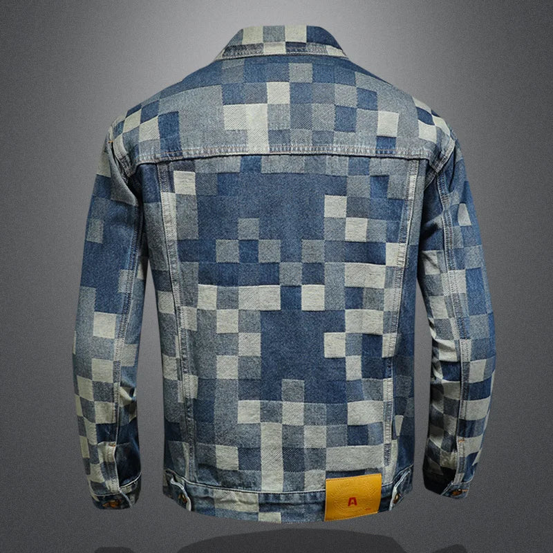 Men’s Vintage Checkered Denim Jacket – Flip Collar Casual Streetwear