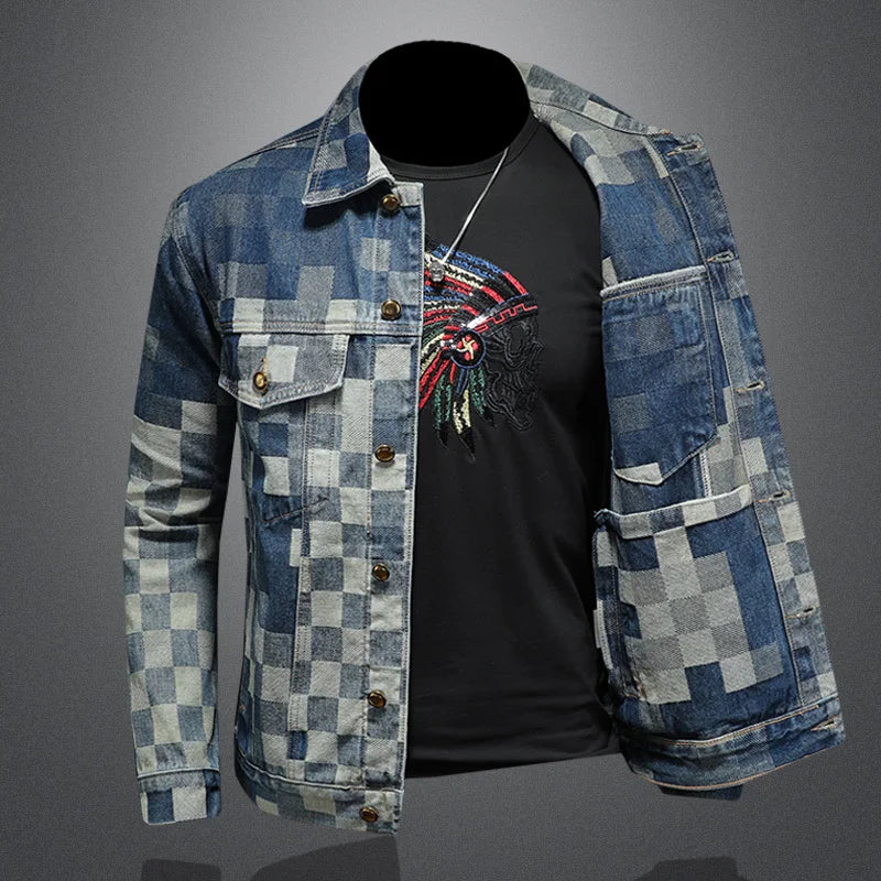 Men’s Vintage Checkered Denim Jacket – Flip Collar Casual Streetwear