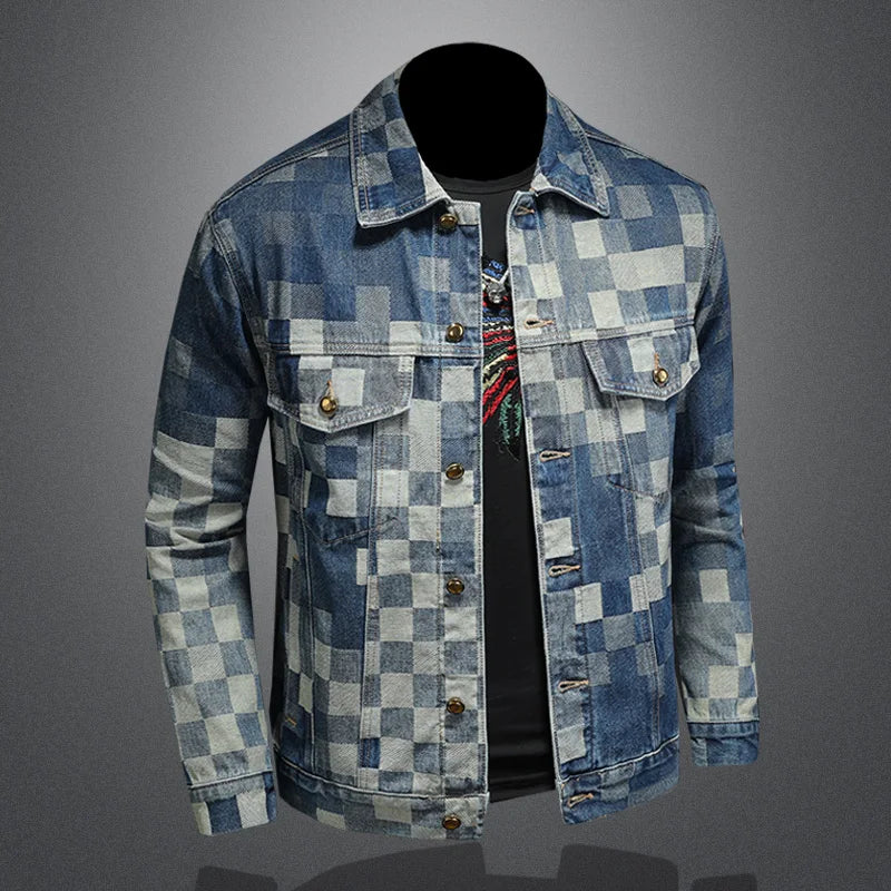 Men’s Vintage Checkered Denim Jacket – Flip Collar Casual Streetwear