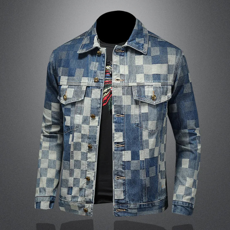 Men’s Vintage Checkered Denim Jacket – Flip Collar Casual Streetwear