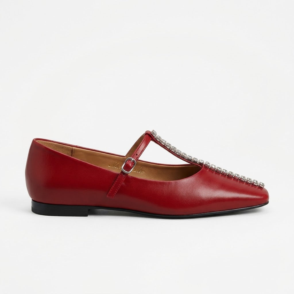 Luxury Women's Genuine Cow Leather T-Strap Flats with Crystal Embellishments