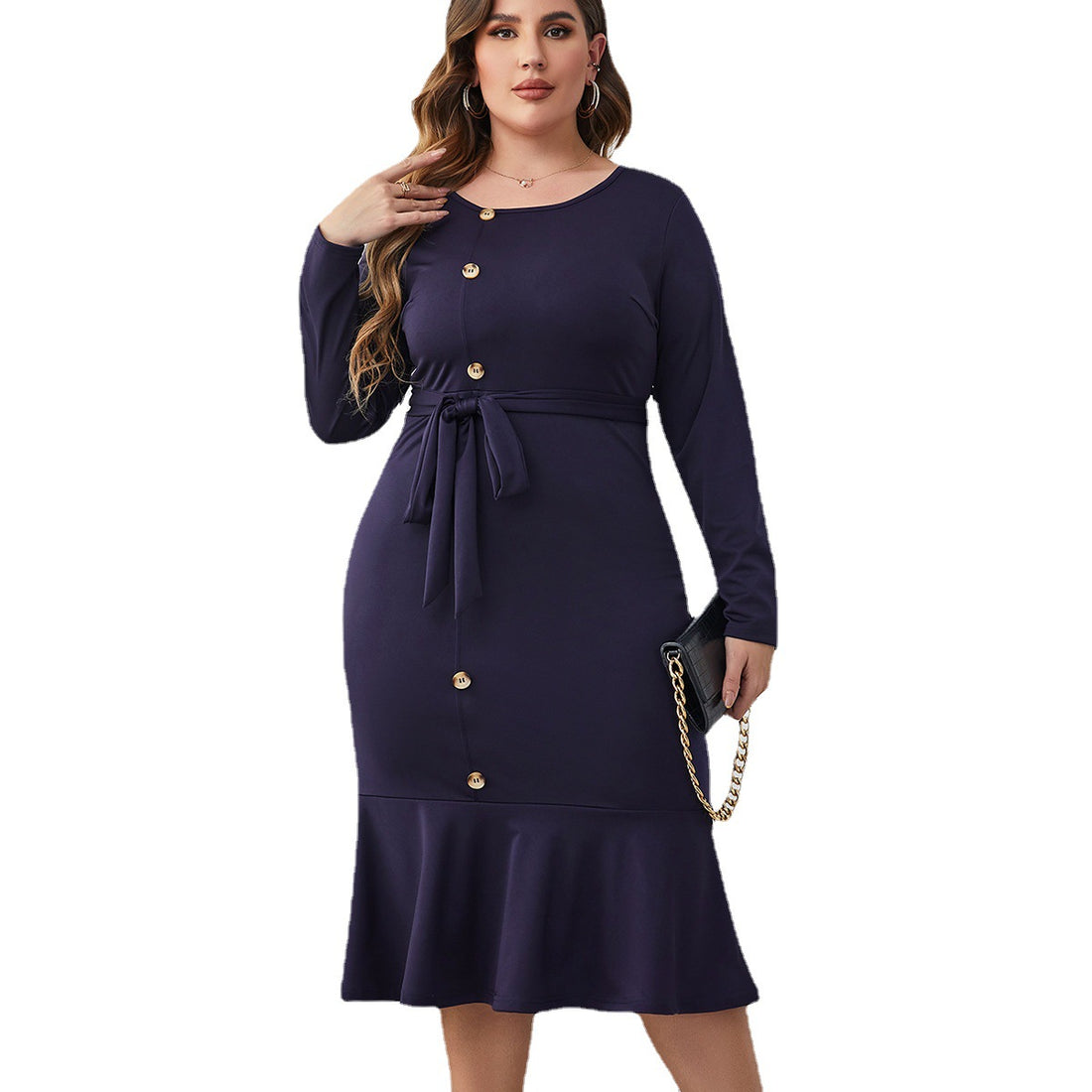 European And American Long Sleeve Belt Long Sheath Fishtail Skirt