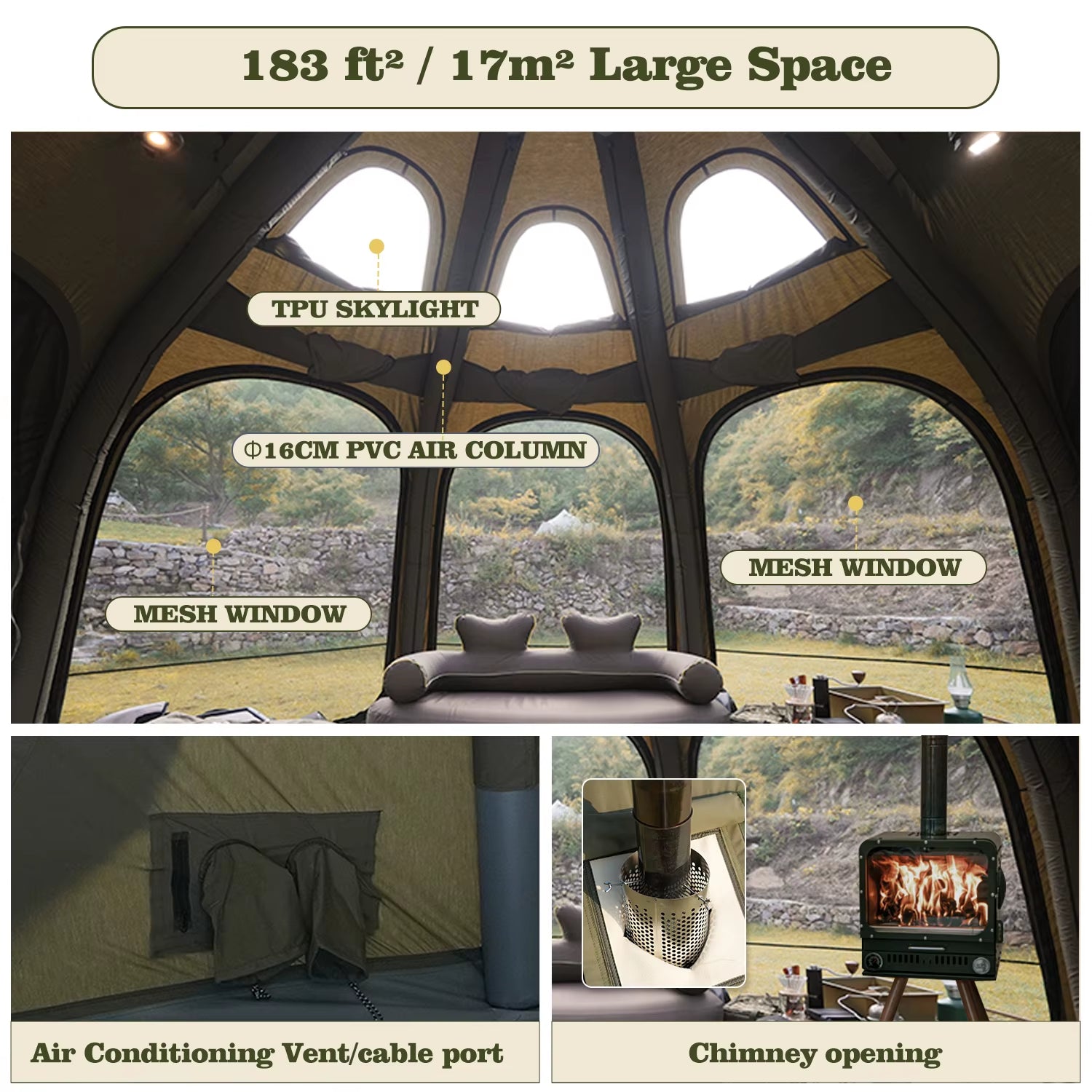 Coody Dome Air Tent-Army Green Large Luxury Waterproof Cotton Durable Travel Camping Family Geodesic Outdoor Inflatable Tent