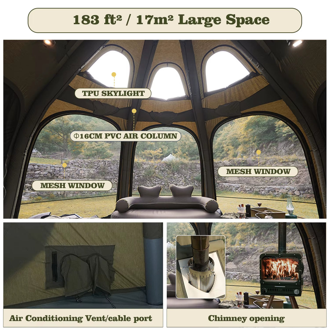 Coody Dome Air Tent-Army Green Large Luxury Waterproof Cotton Durable Travel Camping Family Geodesic Outdoor Inflatable Tent