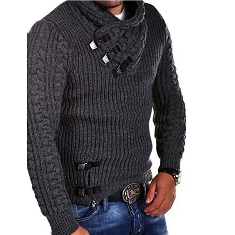 Europe and the United States New Men'S Sweater Long-Sleeved Leather Buckle Knitted Sweater Top Pullover Sweater Men'S Clothing