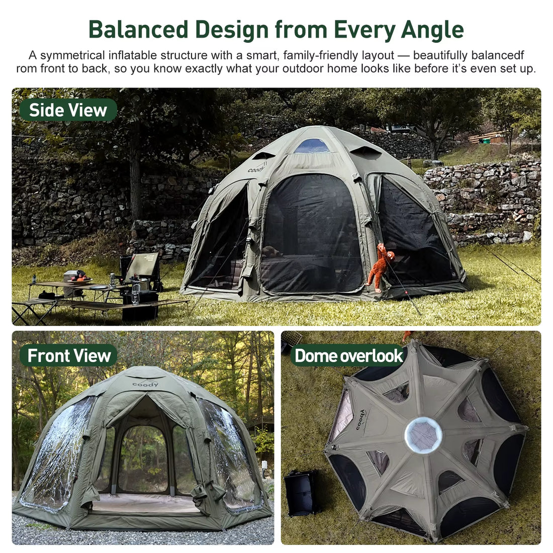 Coody Dome Air Tent-Army Green Large Luxury Waterproof Cotton Durable Travel Camping Family Geodesic Outdoor Inflatable Tent