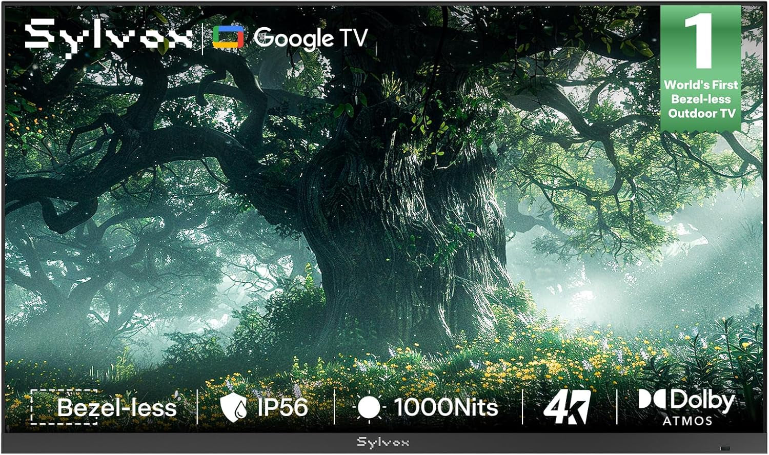 65 Inch Outdoor TV, Ultra-Narrow Bezel, 4K Smart Google TV, 1000 Nits Partial Sun, IP56 Waterproof, Dual Speakers, All-Weather Metal Chassis for Patio, Deck, Backyard (Frameless Series)